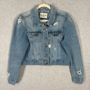 Ashley Vintage Charm Jean Jacket Large Distressed Puff Holes Girly Cute Feminine